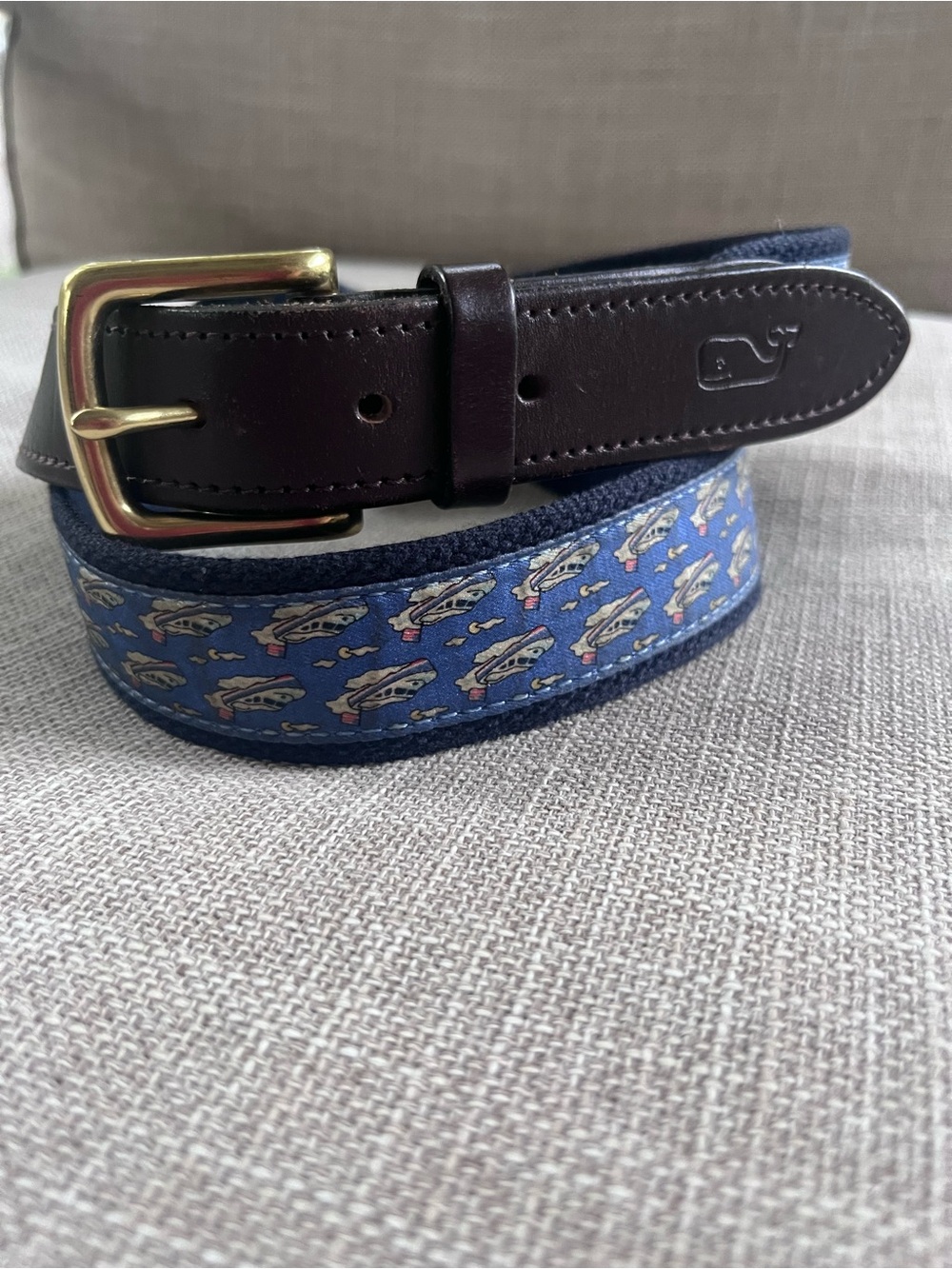 Vineyard Vines Navy Canvas Belt with Brown Leather Trim and Motorboat Pattern